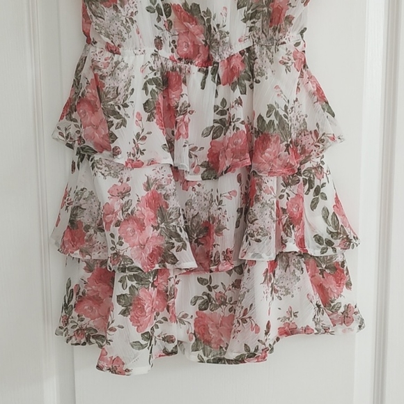 New Francesca's TRIXXI Chiffon Ruffle Floral Print Surplice Dress Peachy Pink S - Picture 10 of 13